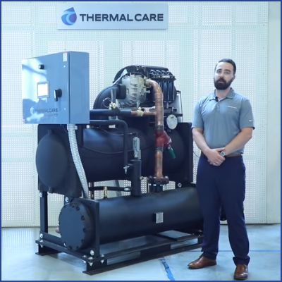 Accuchiller TCFW350 central chiller uses a hybrid film evaporator and a Turbocor compressor