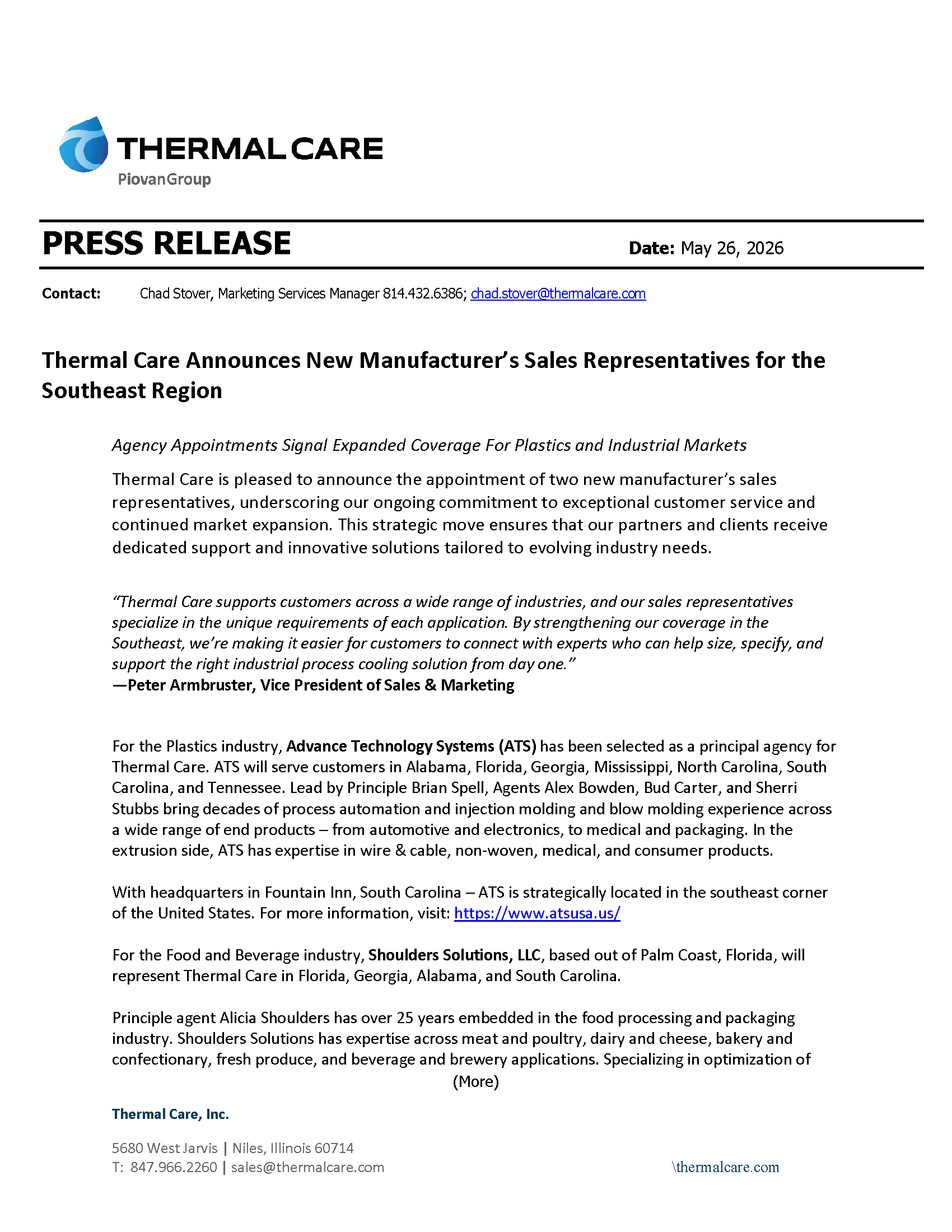 PRESS RELEASE - Thermal Care Announces New Manufacturer’s Sales Representatives for the Southeast Region